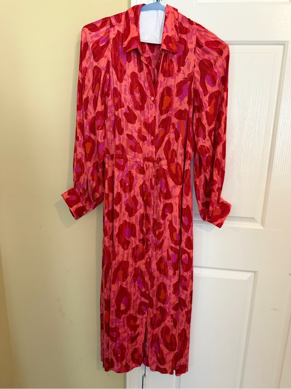 Esqualo Pink Leopard Print Button Front Midi Shirt Dress US 10